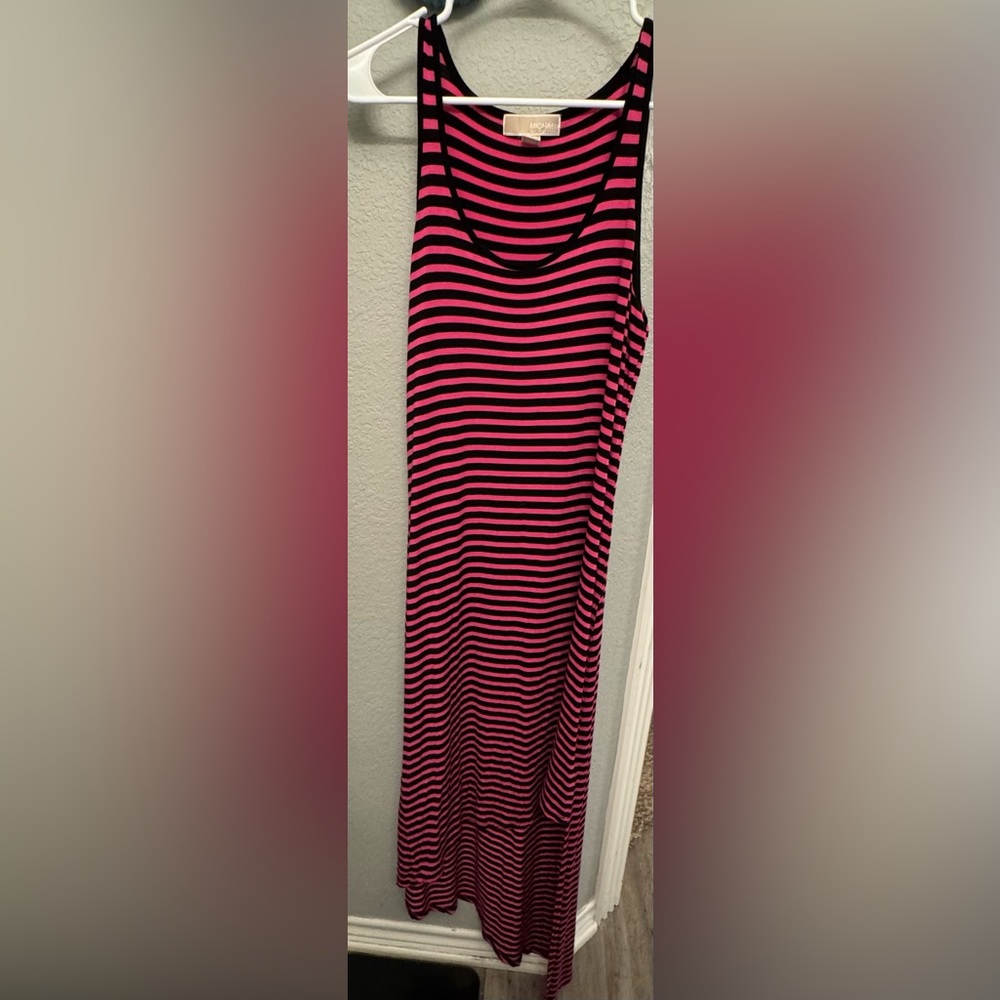 Michael Kors Asymmetrical Pink & Black Striped Hi-Lo Maxi Dress. Size M
